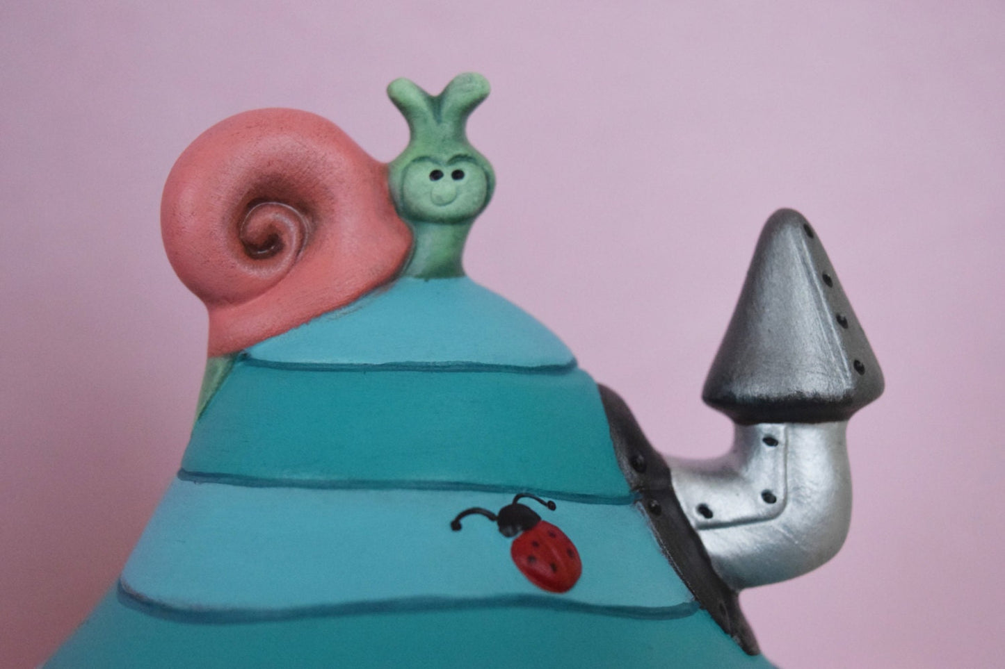 Whimsical Ceramic Fairy Garden House: Striped Turquoise Tealight Holder with Snail & Ladybug Accessories