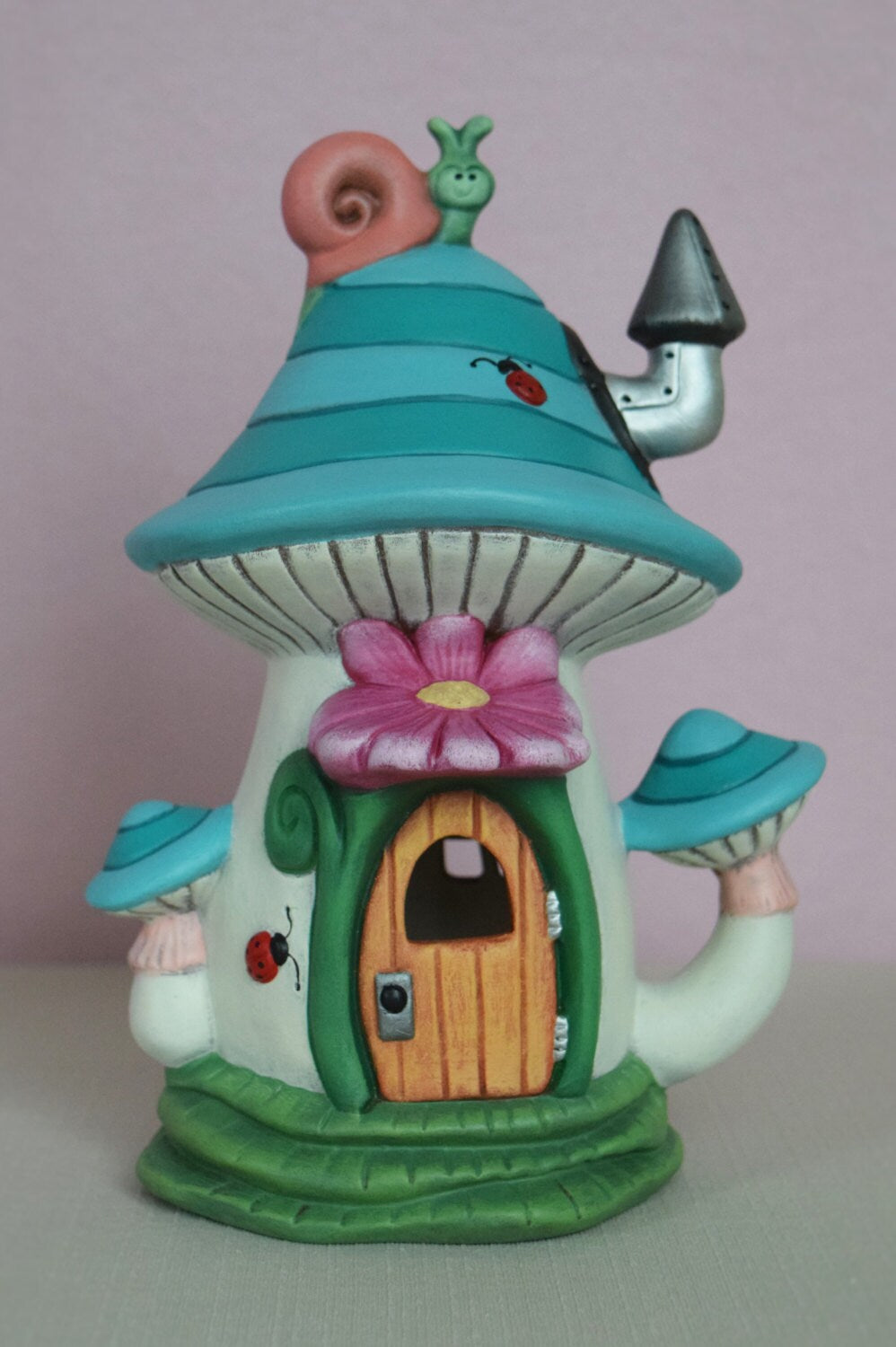 Whimsical Ceramic Fairy Garden House: Striped Turquoise Tealight Holder with Snail & Ladybug Accessories - Teresa's Ceramics