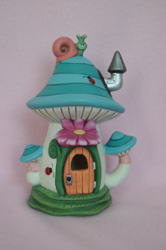 Whimsical Ceramic Fairy Garden House: Striped Turquoise Tealight Holder with Snail & Ladybug Accessories - Teresa's Ceramics