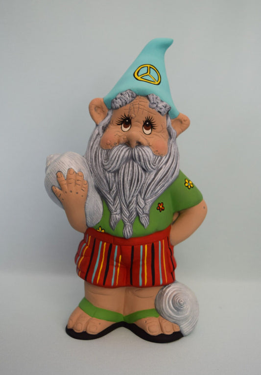 Hippie Beach Gnome Figurine with Seashell & Flip Flops - Surfer Cottage Decor Garden Statue - Teresa's Ceramics