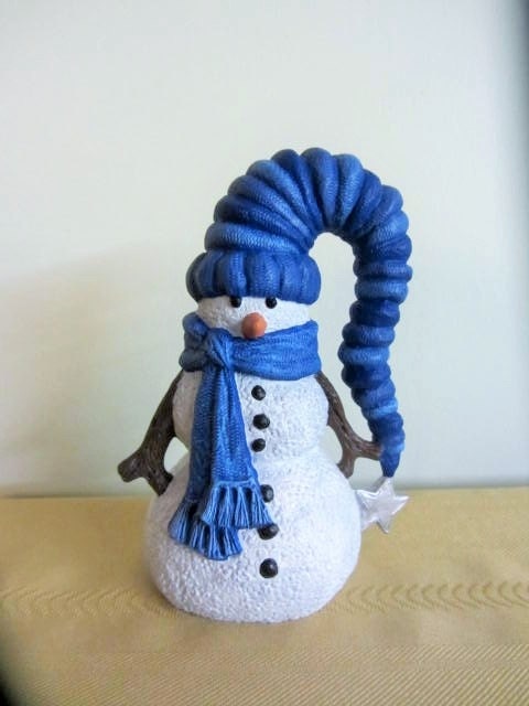Ceramic Snowman with cute stocking hat - blue snowman - snowman with stick arms - snowman with scarf - cute snowman - Winter Decor
