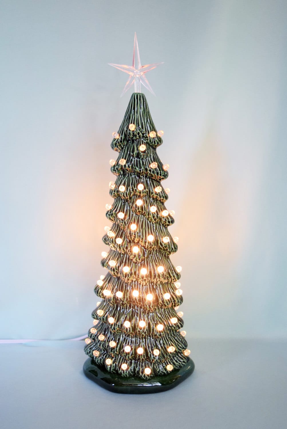 Vintage-Style Slim Green Lighted Christmas Tree Centerpiece - 13 Inch Tall Holiday Decoration