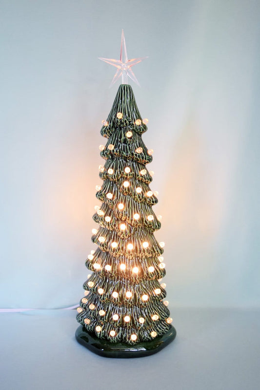 Vintage-Style Slim Green Lighted Christmas Tree Centerpiece - 13 Inch Tall Holiday Decoration
