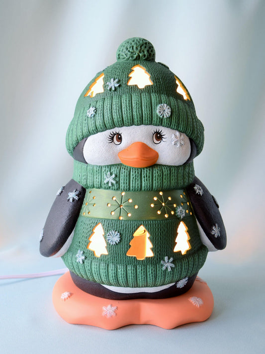 Ceramic Penguin Night Light: Green Sweater Christmas Centerpiece - Winter Decor Gift for Mom