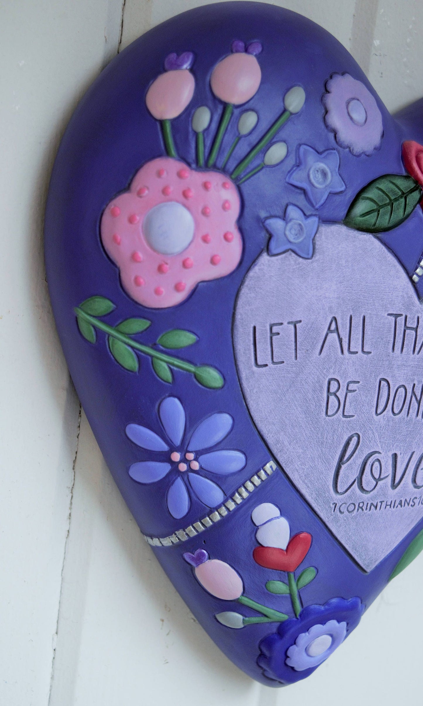 Floral Ceramic Heart Plaque: Valentine's Day Religious Wall Art, Biblical Decor, Spiritual Gift