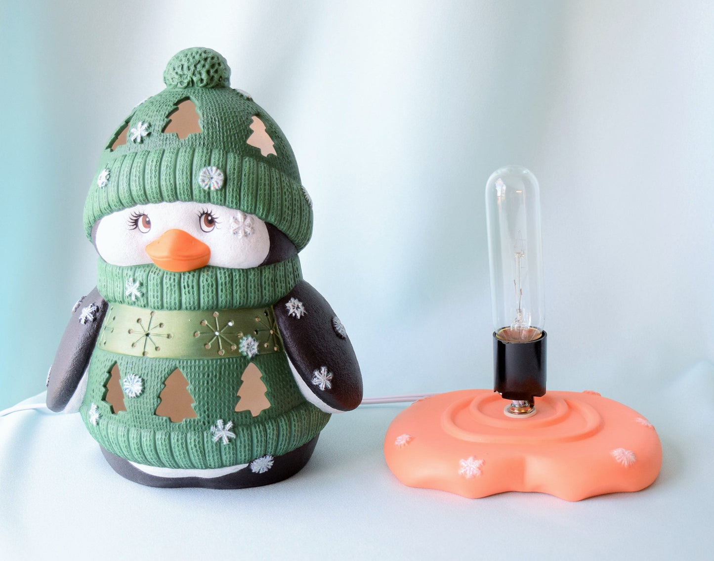 Ceramic Penguin Night Light: Green Sweater Christmas Centerpiece - Winter Decor Gift for Mom