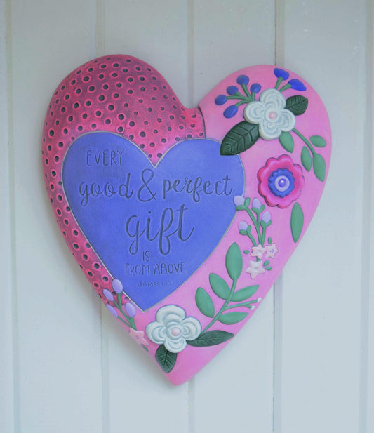 Heart Wall Hanging - Valentines Gift - Spiritual Gift - Garden Art - Biblical Wall Art - Floral Heart Wall Decor - Ceramic Heart Plaque - Teresa's Ceramics