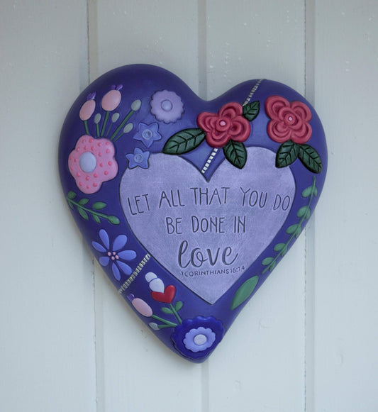 Floral Ceramic Heart Plaque: Valentine's Day Religious Wall Art, Biblical Decor, Spiritual Gift - Teresa's Ceramics