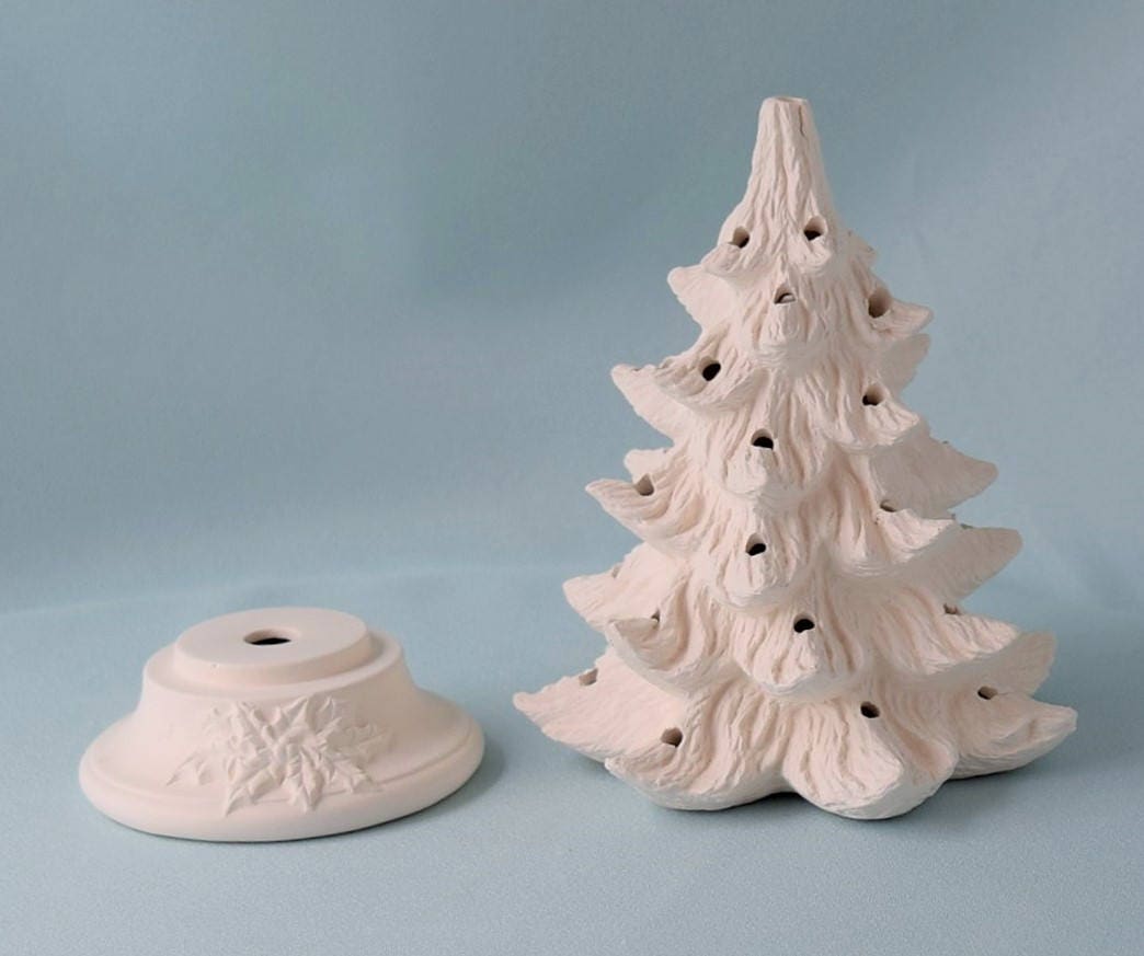 11-inch Vintage-Style Ceramic Christmas Tree - Unpainted Bisque with Colorful Lights for DIY Holiday Decor - Teresa's Ceramics