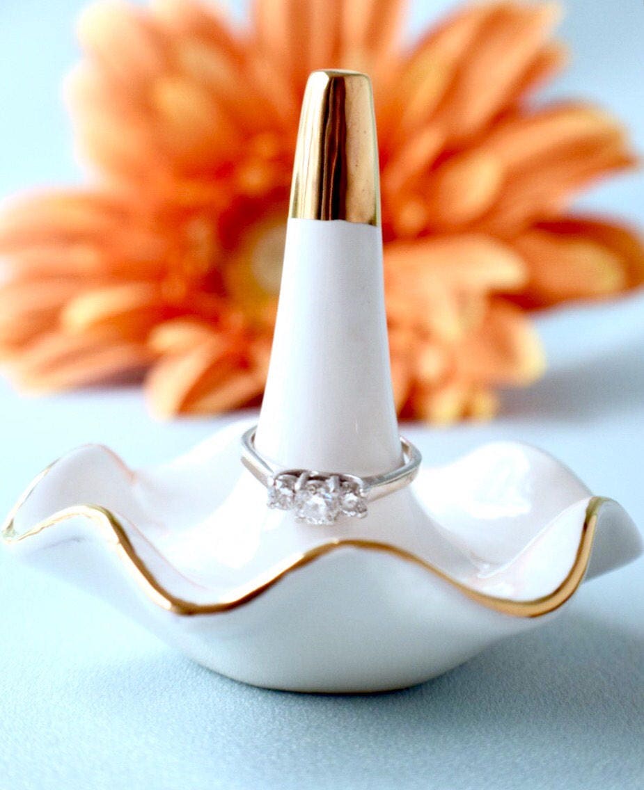 Bridal - Gold - Ring Dish - Maid of Honor - Vintage - Ceramic - Pottery - Wedding Gift - Bridesmaid - Favor - Country Wedding - Classic