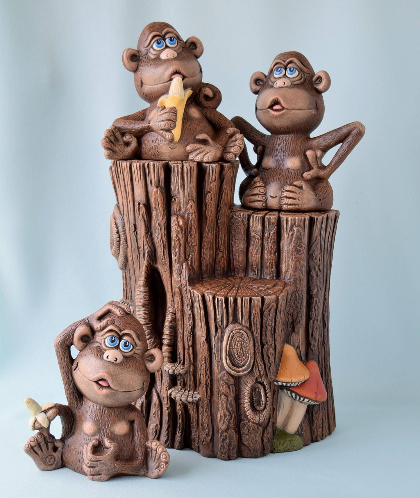 Ceramic Monkey Sculpture with Banana: Jungle Nursery Decor, Baby Shower Gift, Centerpiece & Miniature Art