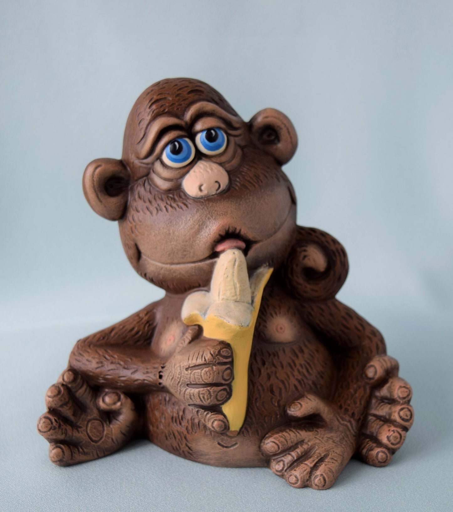 Ceramic Monkey Sculpture with Banana: Jungle Nursery Decor, Baby Shower Gift, Centerpiece & Miniature Art