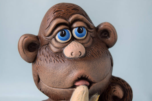 Ceramic Monkey Sculpture with Banana: Jungle Nursery Decor, Baby Shower Gift, Centerpiece & Miniature Art - Teresa's Ceramics