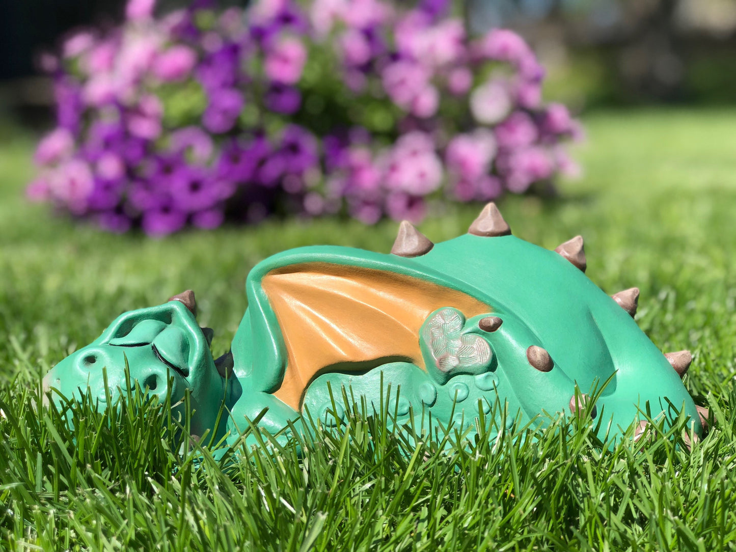 Sleeping Ceramic Garden Dragon | Garden Protector Dragon | Yard Art Dragon Statue | Cute Green Fantasy Dragon