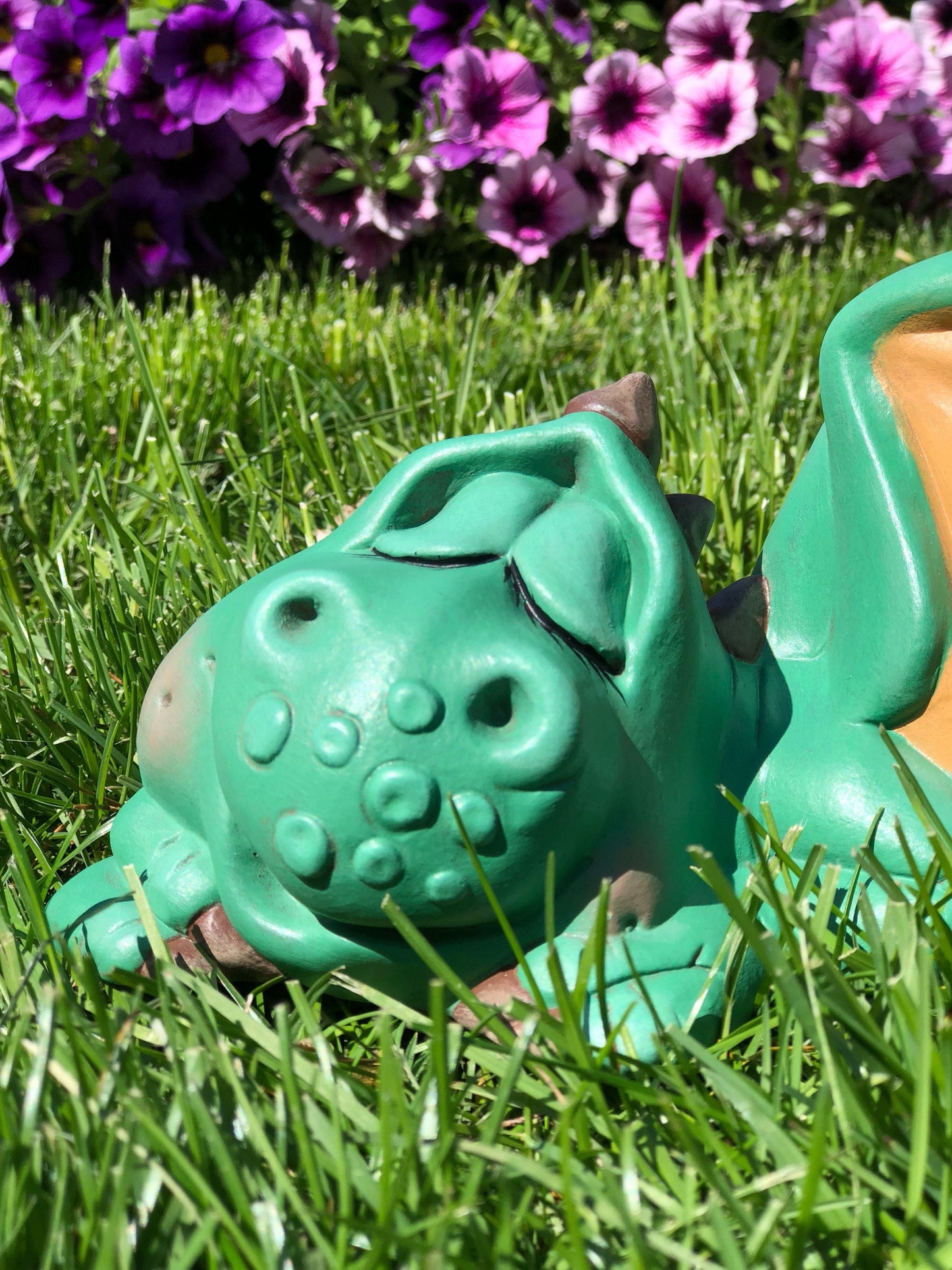 Sleeping Ceramic Garden Dragon | Garden Protector Dragon | Yard Art Dragon Statue | Cute Green Fantasy Dragon