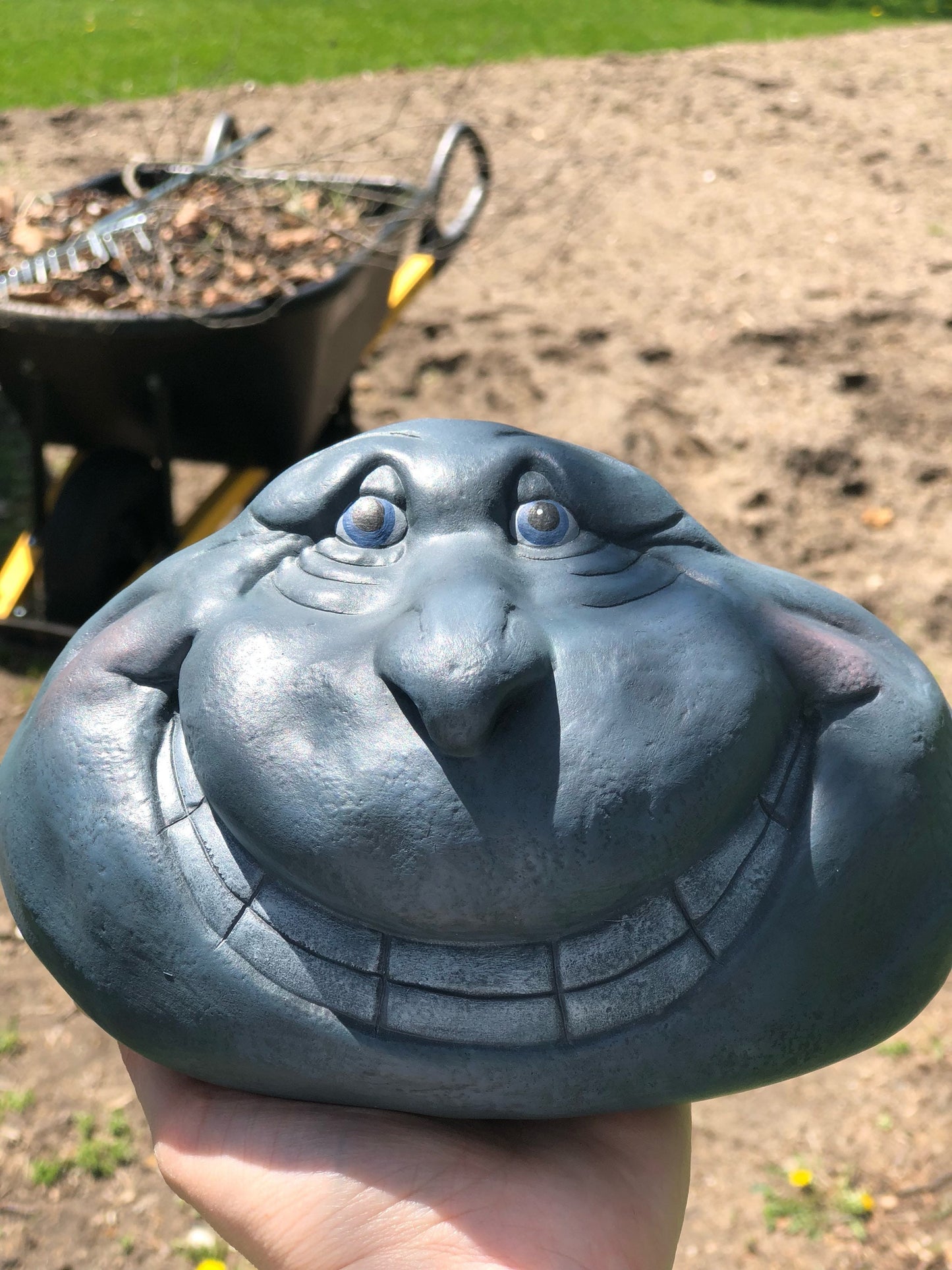 Garden Art - Garden Decor - Sculpture - Yard Art - Rock Face - Ceramic Rock - Gardener Gift - Grinning face - Gift for Mom