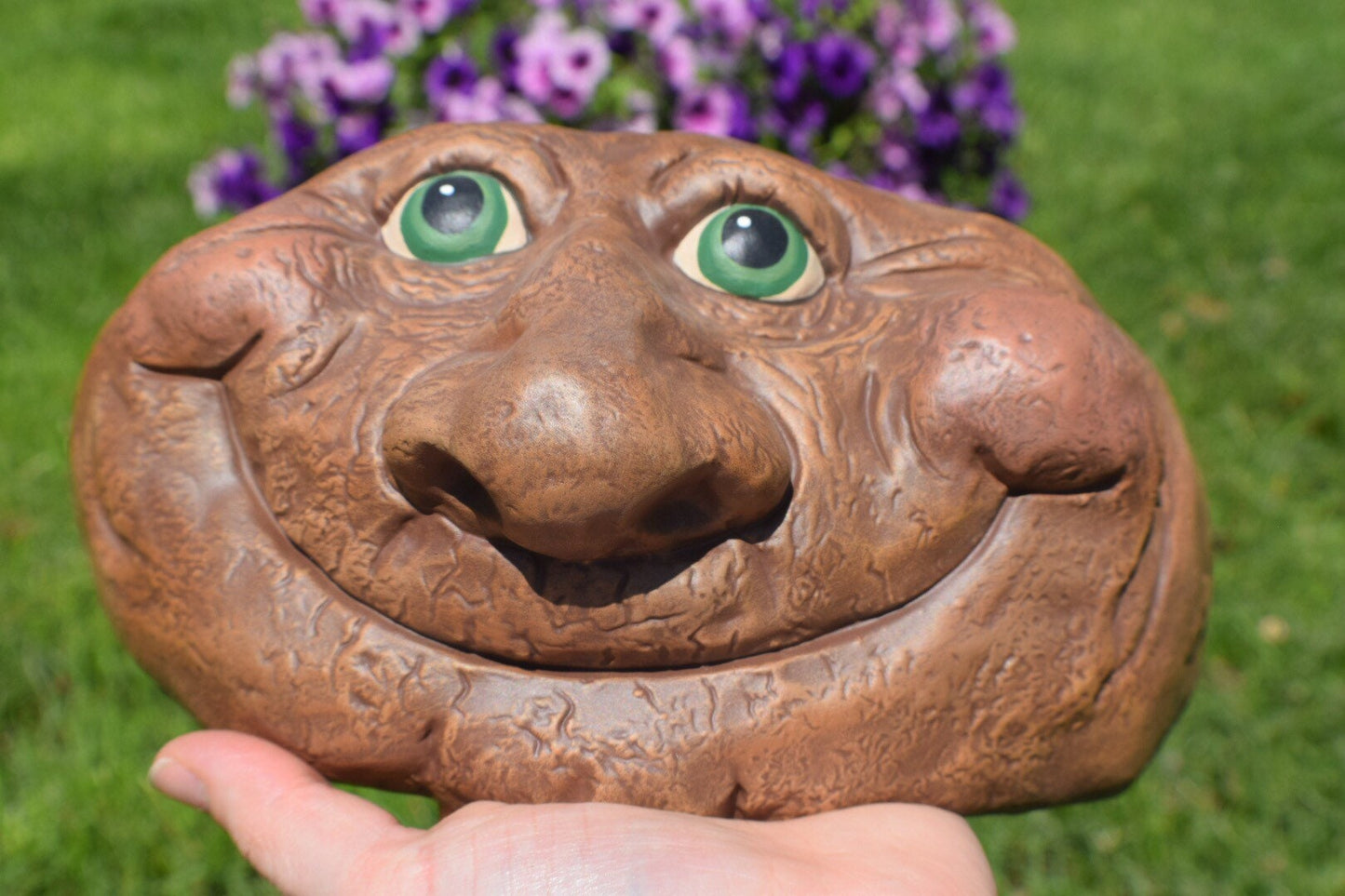 Quirky Ceramic Rock Face Garden Sculpture - Unique Yard Art with Green Eyes - Father's Day Gift
