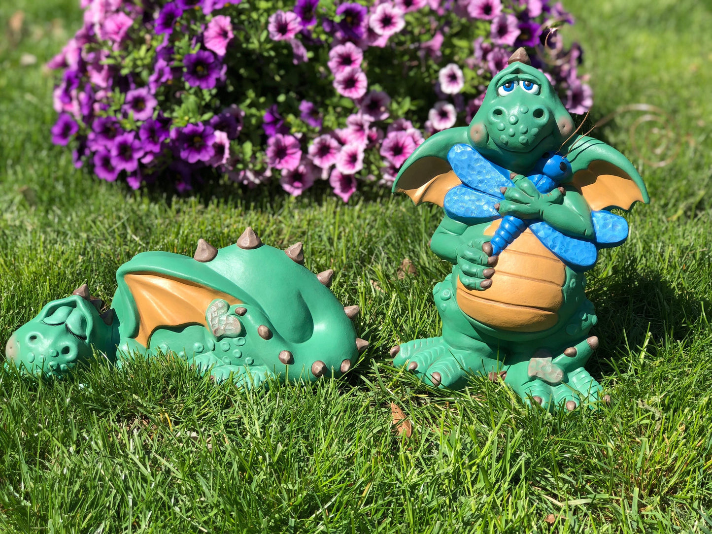 Sleeping Ceramic Garden Dragon | Garden Protector Dragon | Yard Art Dragon Statue | Cute Green Fantasy Dragon