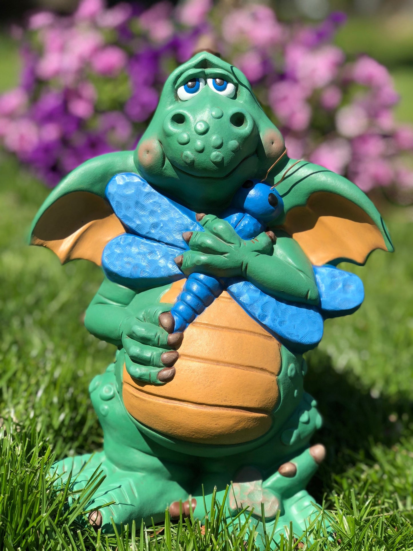 Sleeping Ceramic Garden Dragon | Garden Protector Dragon | Yard Art Dragon Statue | Cute Green Fantasy Dragon