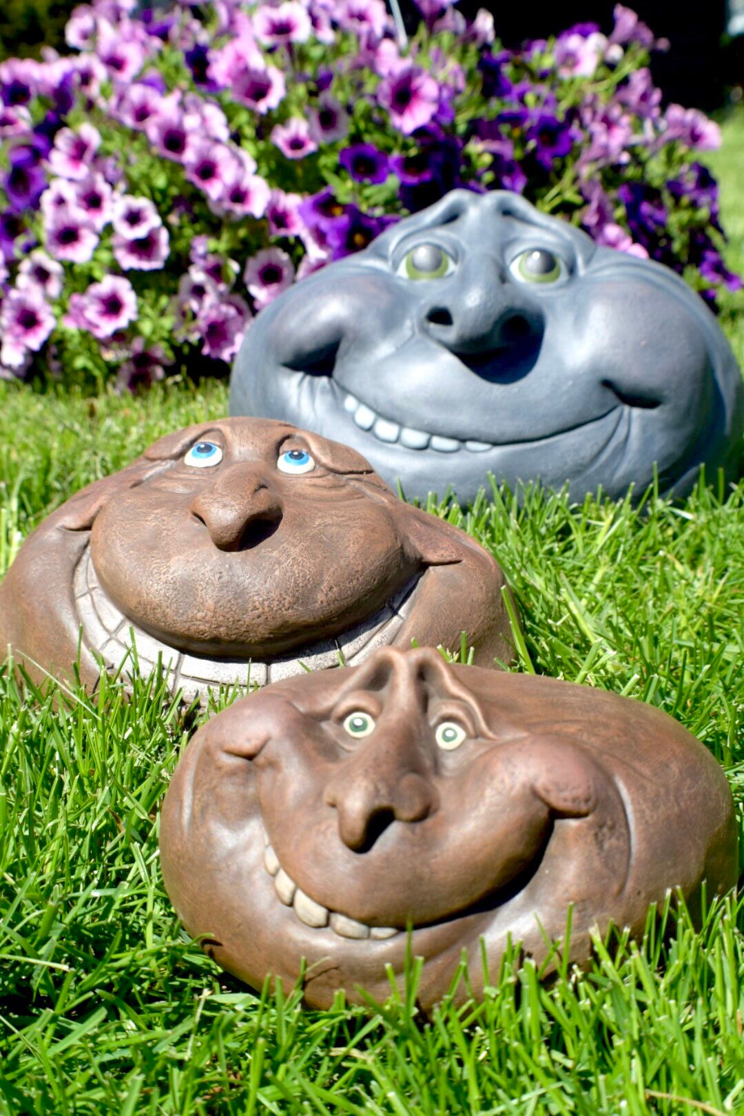 Garden Art - Garden Decor - Sculpture - Yard Art - Rock Face - Ceramic Rock - Gardener Gift - Grinning face - Gift for Mom