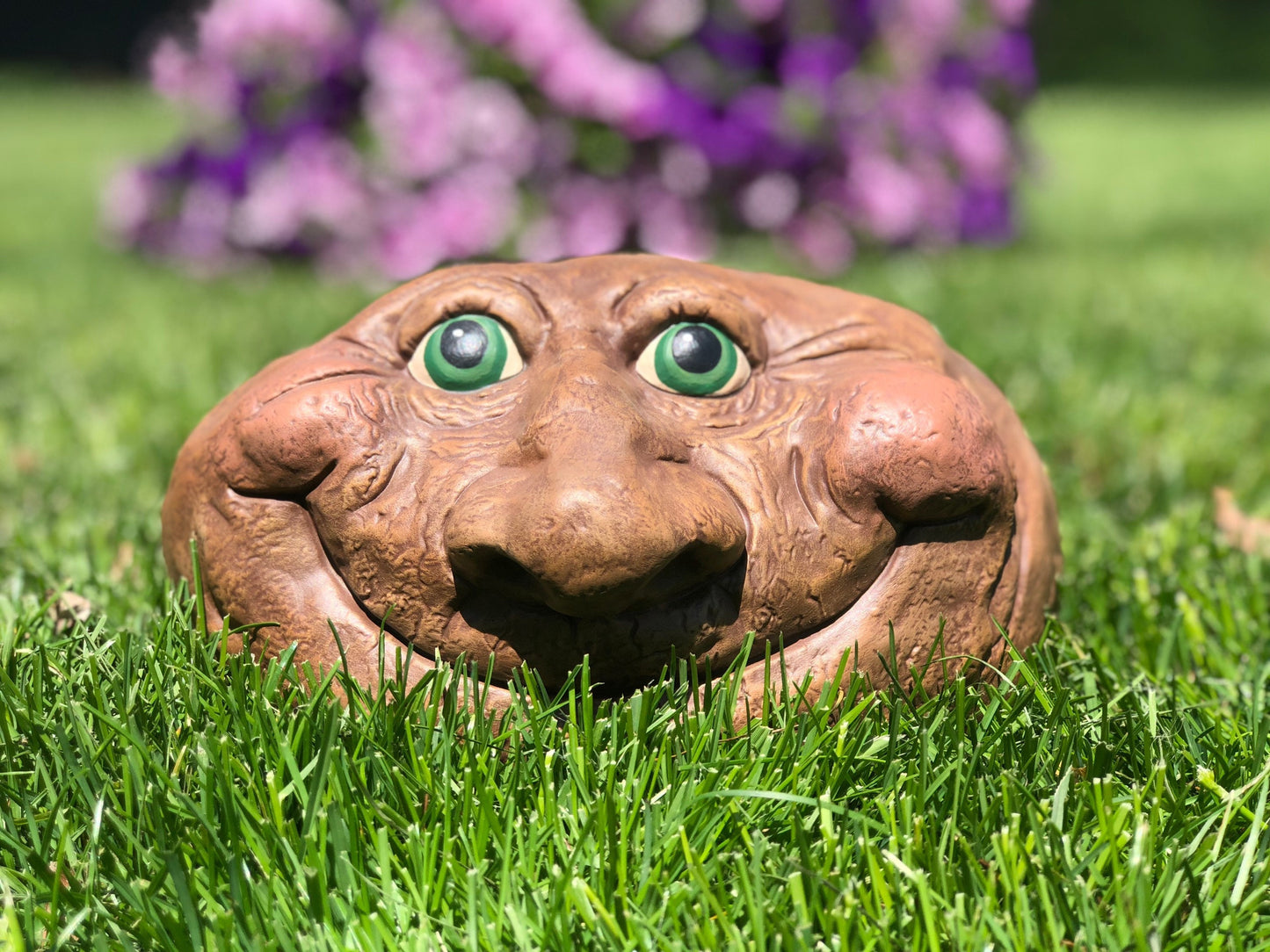 Quirky Ceramic Rock Face Garden Sculpture - Unique Yard Art with Green Eyes - Father's Day Gift