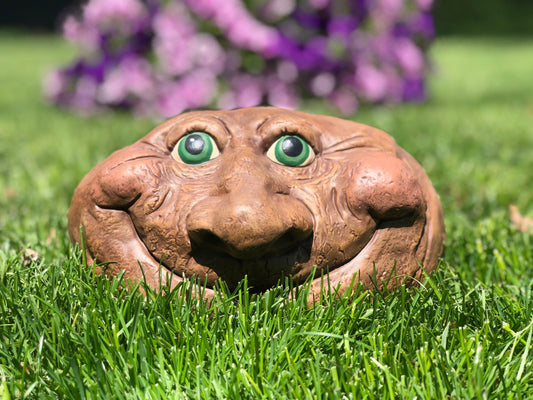 Quirky Ceramic Rock Face Garden Sculpture - Unique Yard Art with Green Eyes - Father's Day Gift - Teresa's Ceramics