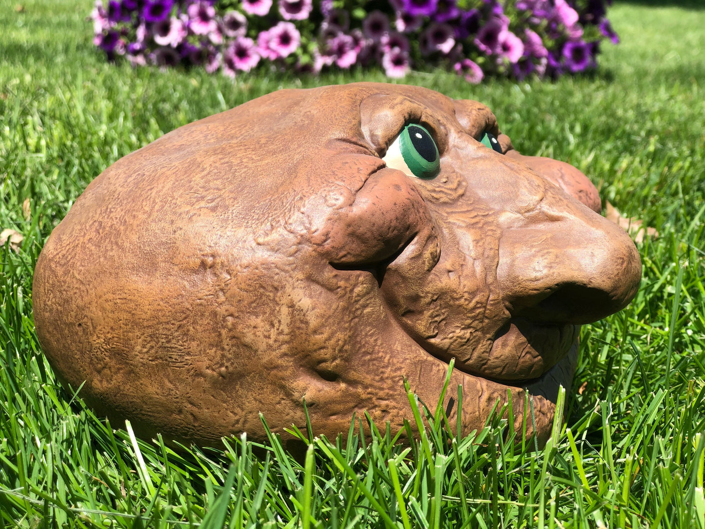 Quirky Ceramic Rock Face Garden Sculpture - Unique Yard Art with Green Eyes - Father's Day Gift