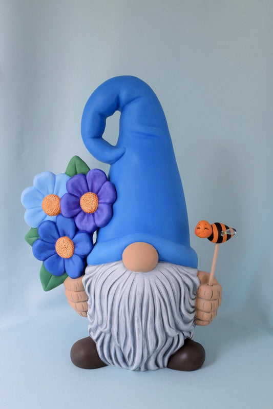 Large Garden Gnome - Gnome statue - Woodland Gnome - Backyard decor - Ceramic gnome - Floral Gnome - Holding a bee - Teresa's Ceramics