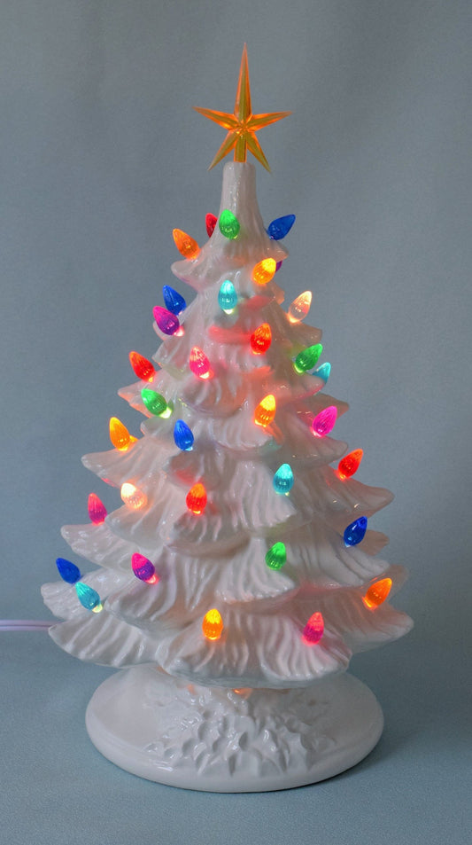 Beautiful White Vintage 11 Inch Classic Christmas Tree | Multicolor lights - Teresa's Ceramics