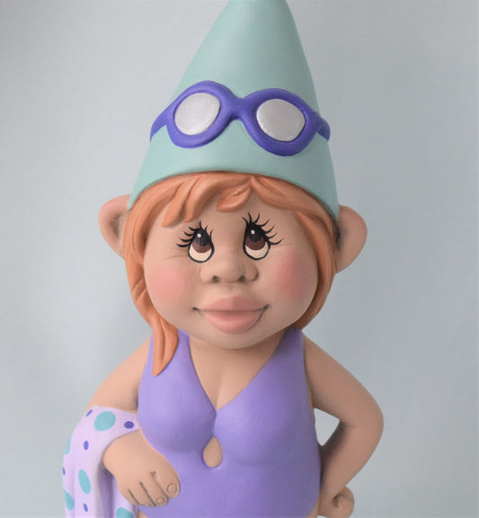 Tropical Beach Garden Gnome: Girl in Purple Bathing Suit - Ceramic Statue for Backyard & Lake House Decor