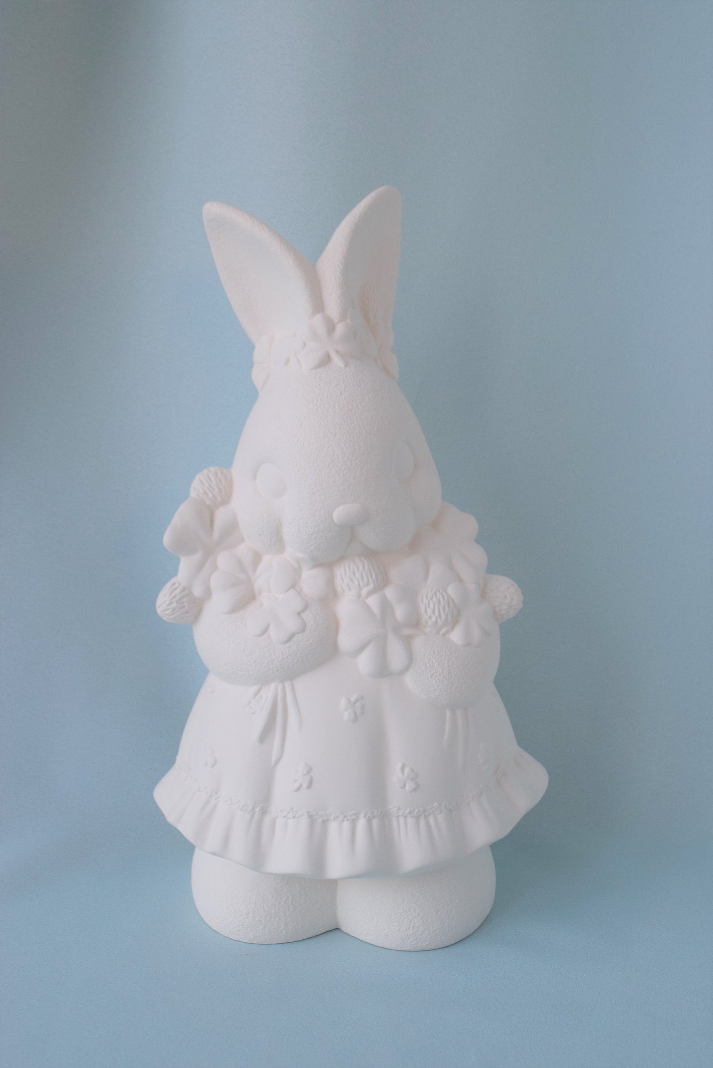 Four Leaf Clover Girl Bunny - Bisque - Ready to Paint Do it Yourself Project - Teresa's Ceramics