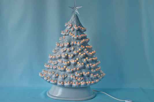 Medium Blue Ceramic Christmas Tree with Snow | Festive Windowsill Decoration for Holiday Mantel