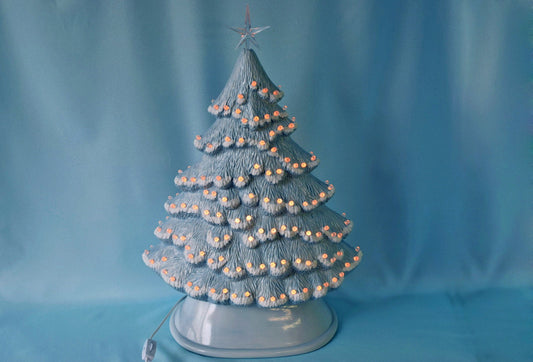 Snowy Blue Christmas Tree | Large Ceramic Light | Windowsill Style