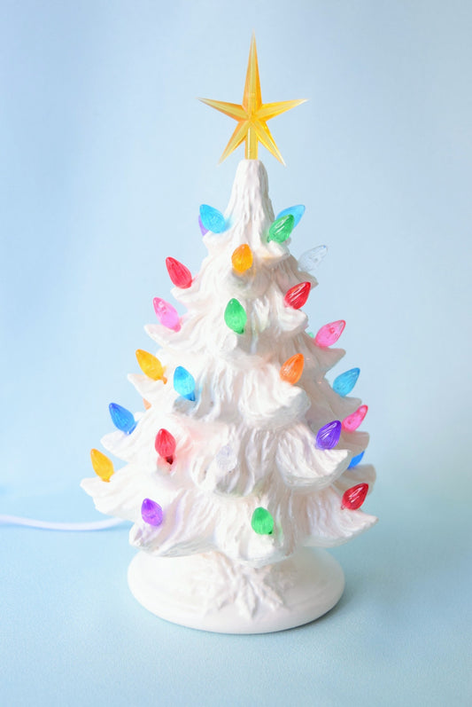 8-inch Vintage-Style White Ceramic Lighted Christmas Tree Centerpiece Nightlight Holiday Decoration - Teresa's Ceramics