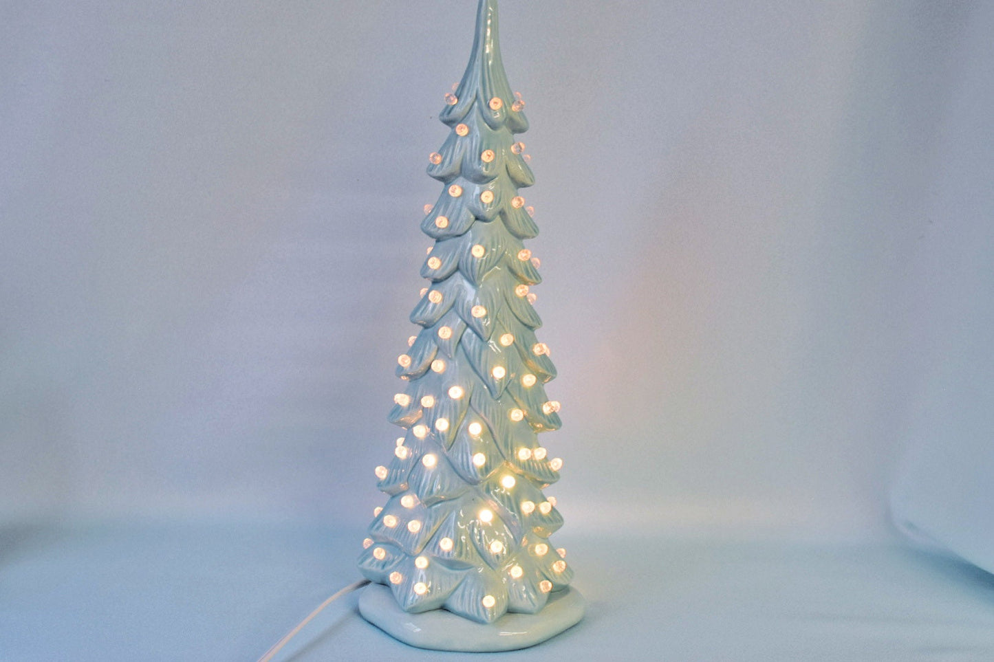 Wispy Pine Ceramic Christmas Tree - Sea-Glass Color with Clear Lights for Holiday Mantel Decor