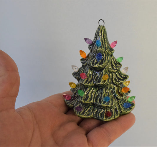 Miniature Ceramic Christmas Tree Ornament - Colorful Glaze Stocking Stuffer with Twist Bulbs