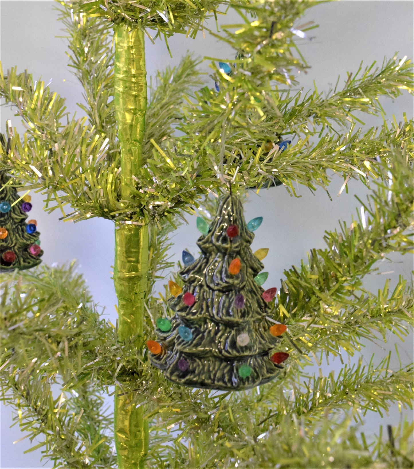 Miniature Ceramic Christmas Tree Ornament - Colorful Glaze Stocking Stuffer with Twist Bulbs
