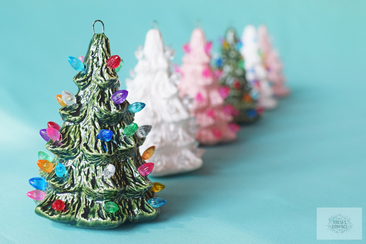 Miniature Ceramic Christmas Tree Ornament - Colorful Glaze Stocking Stuffer with Twist Bulbs