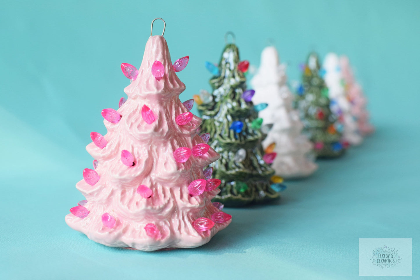 Miniature Ceramic Christmas Tree Ornament - Colorful Glaze Stocking Stuffer with Twist Bulbs