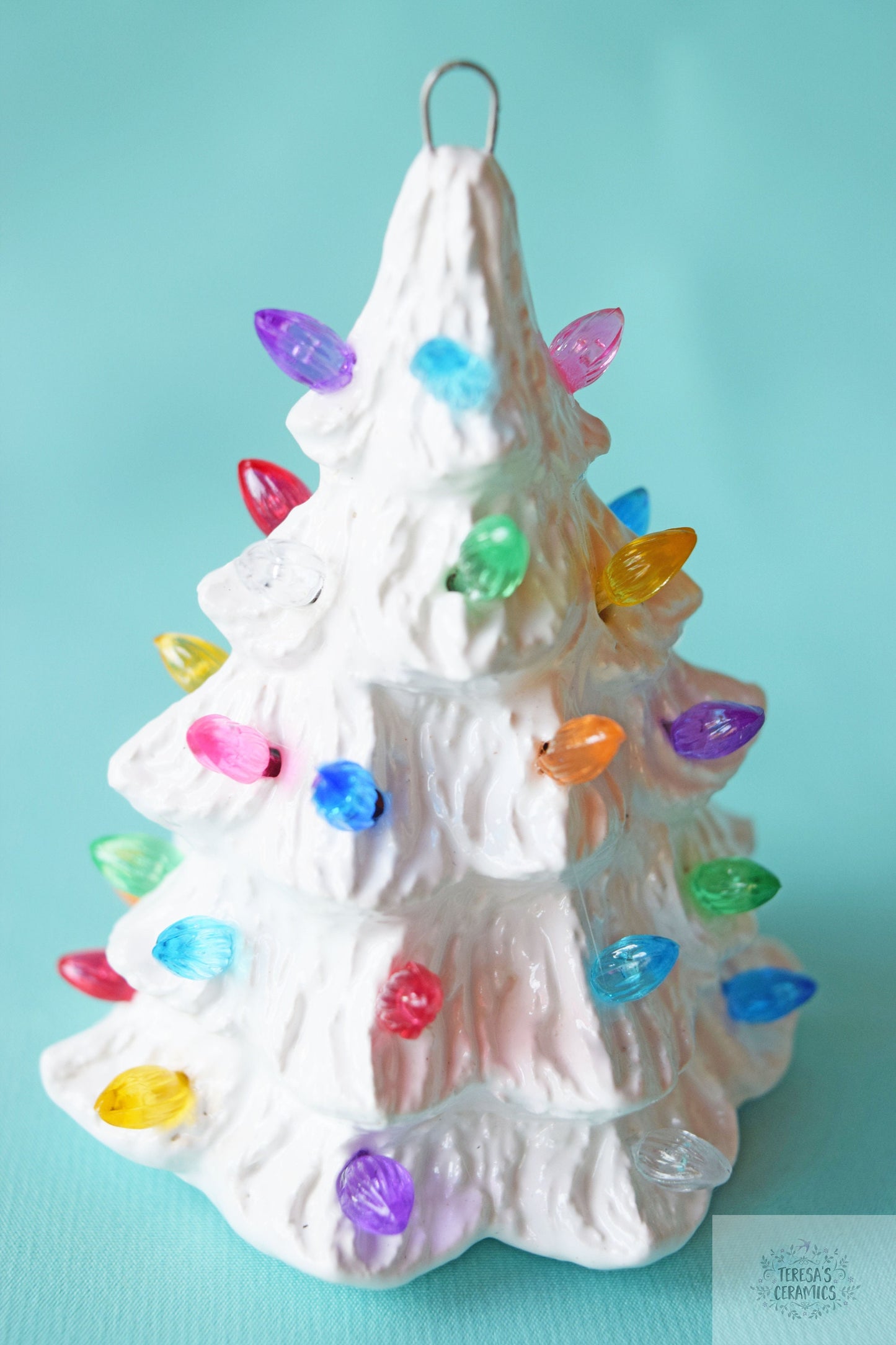 Multicolor Ceramic Christmas Tree Ornament - Tiny White Multicolor Ceramic Tree - Teresa's Ceramics