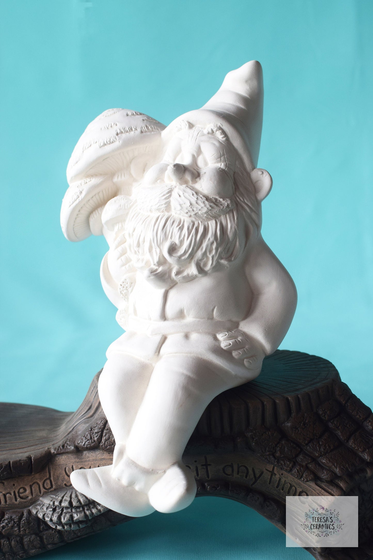 Bisque Mushroom Gnome - Ledge Seated Style - Teresa's Ceramics