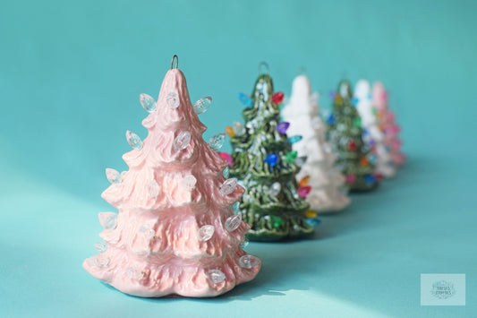 Mini Light Pink Ceramic Christmas Tree Ornament | Tiny Pink Ceramic Tree | Clear Light Accents - Teresa's Ceramics