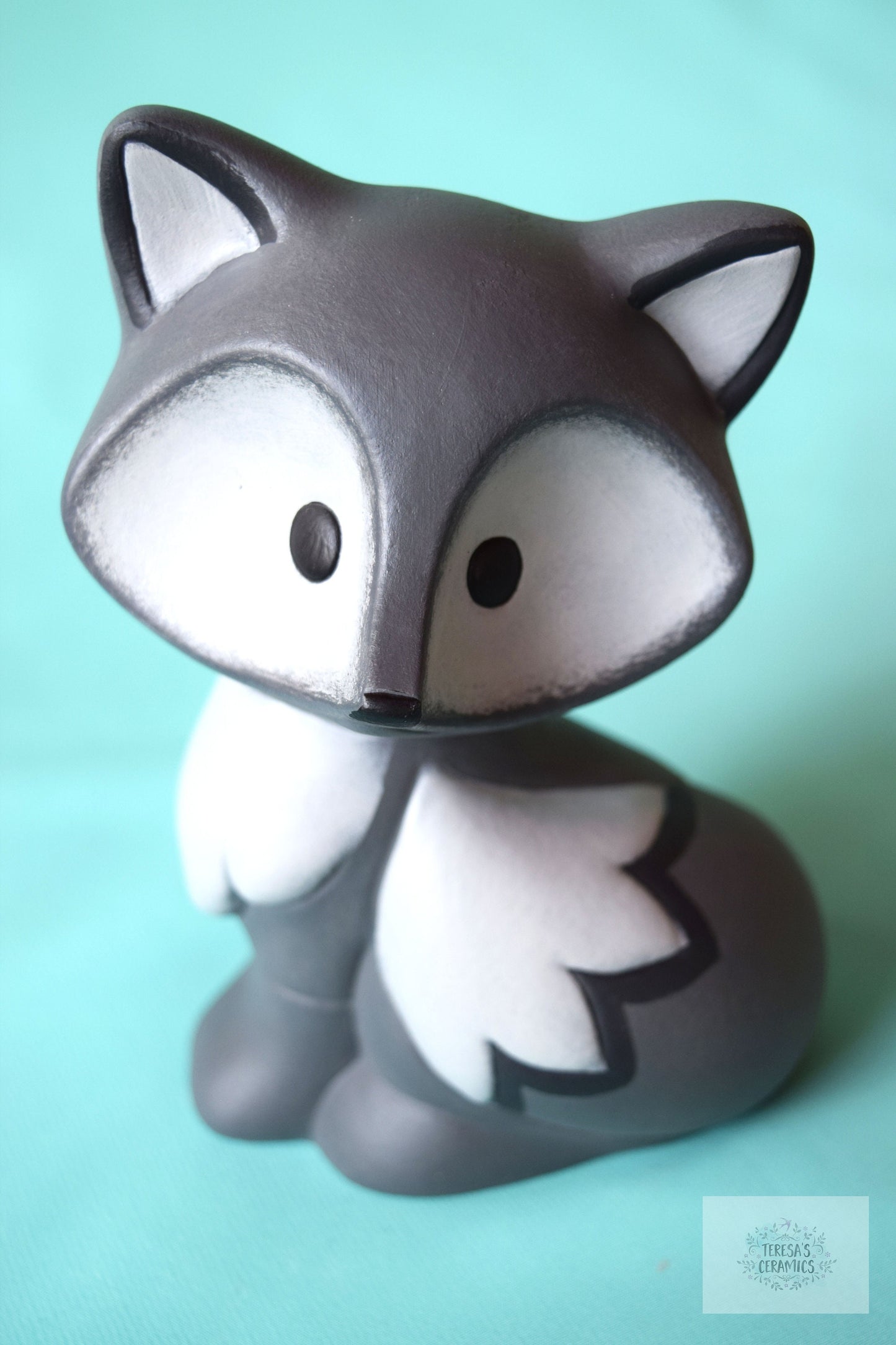 Whimsical Gray Ceramic Fox Figurine: Woodland Nursery Decor, Baby Shower Gift, Yard Art