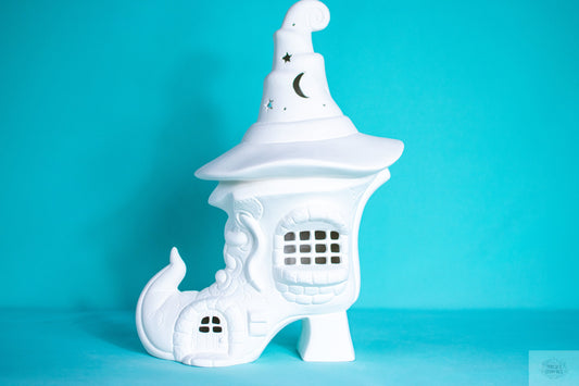 DIY Witches Boot Ceramic Fairy House - Paint Your Own Magical Halloween Cottage Night Light