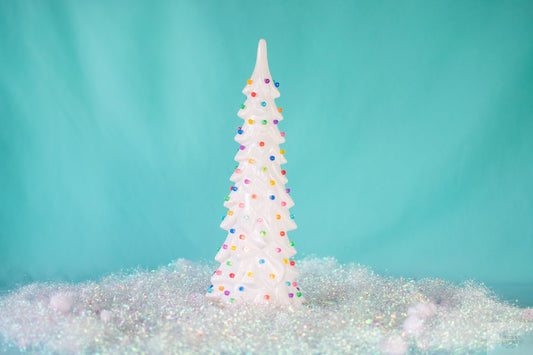 Ceramic Christmas Tree | Wispy Pine Style | White Glaze With Multicolor Lights - Teresa's Ceramics