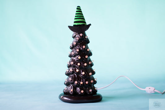 Miniature Gothic Halloween Witch Tree - Black Ceramic Holiday Decor for Mantle & Seasonal Home Ambiance