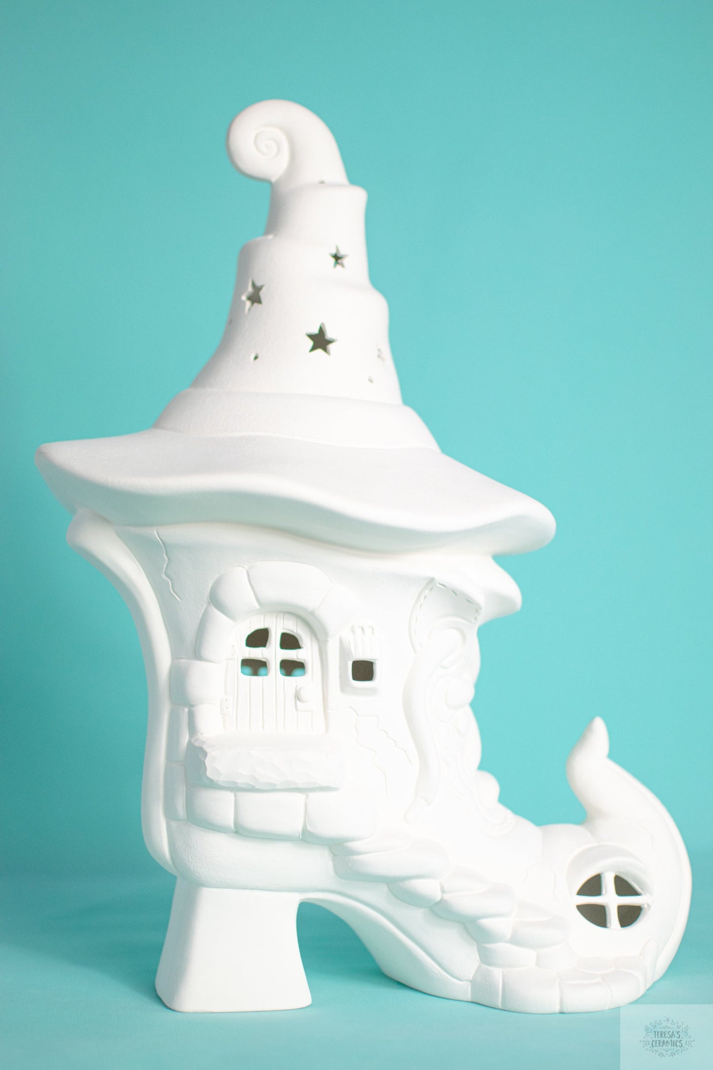 DIY Witches Boot Ceramic Fairy House - Paint Your Own Magical Halloween Cottage Night Light