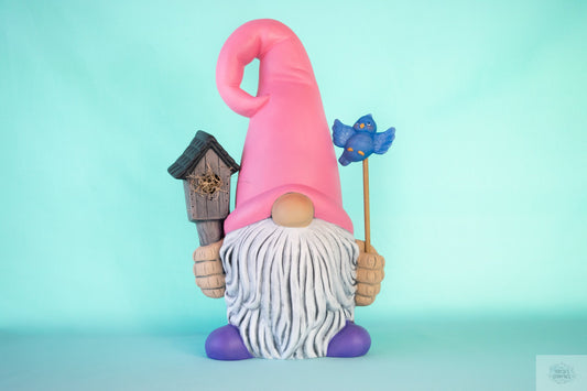Charming Pink Birdhouse Gnome Statue: Cottage Garden Decor | Scandinavian Gonk Gift for Spring