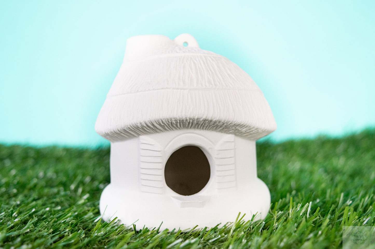 Thatched Bisque Birdhouse: Boho Outdoor Decor, DIY Paint Project, Handmade Ceramic Garden Accent