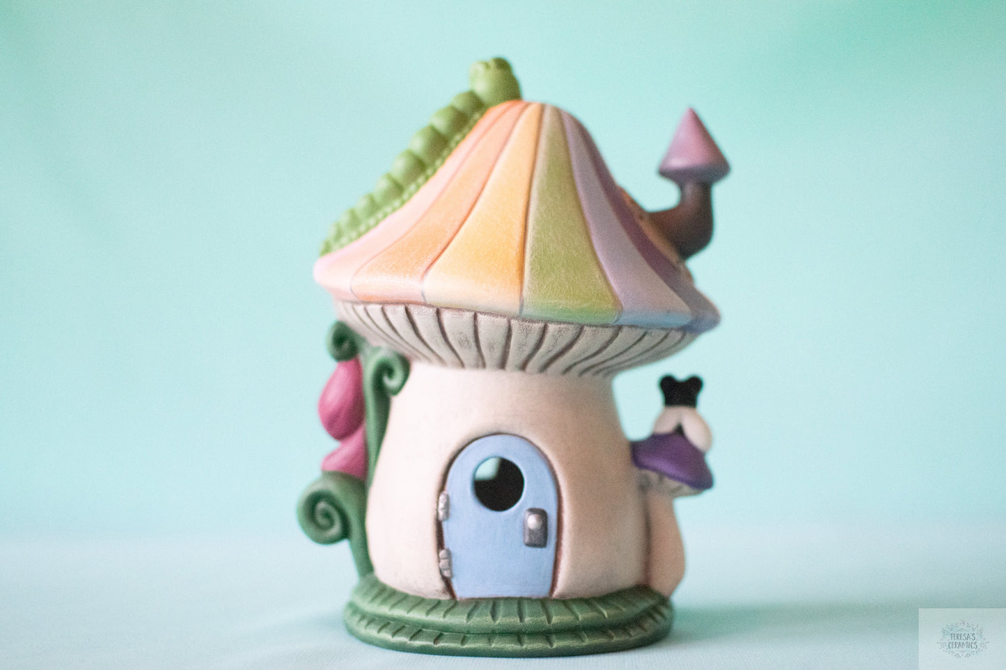 Enchanting Rainbow Ceramic Fairy Mushroom House: Garden Decor, Patio Accessory & Tea Light Holder